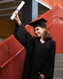 Graduate student holding up a diploma